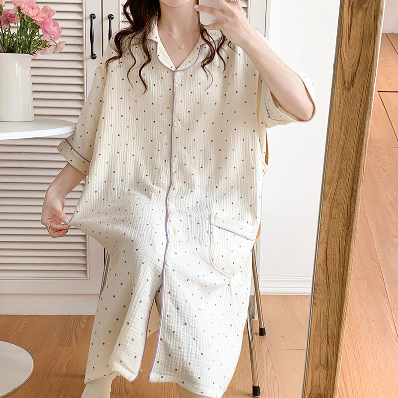 

100% Cotton Double Gauze Nursing Night Dress for Maternity Sweet Loose Dot Printed Sleepwear for Pregnant Women Home Hospital