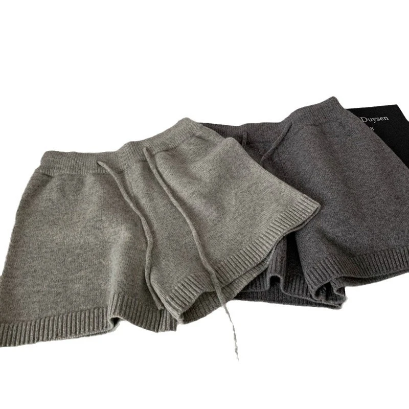 High waisted loose wide leg knitted shorts for women, new elastic waisted A-line silhouette casual straight leg pants