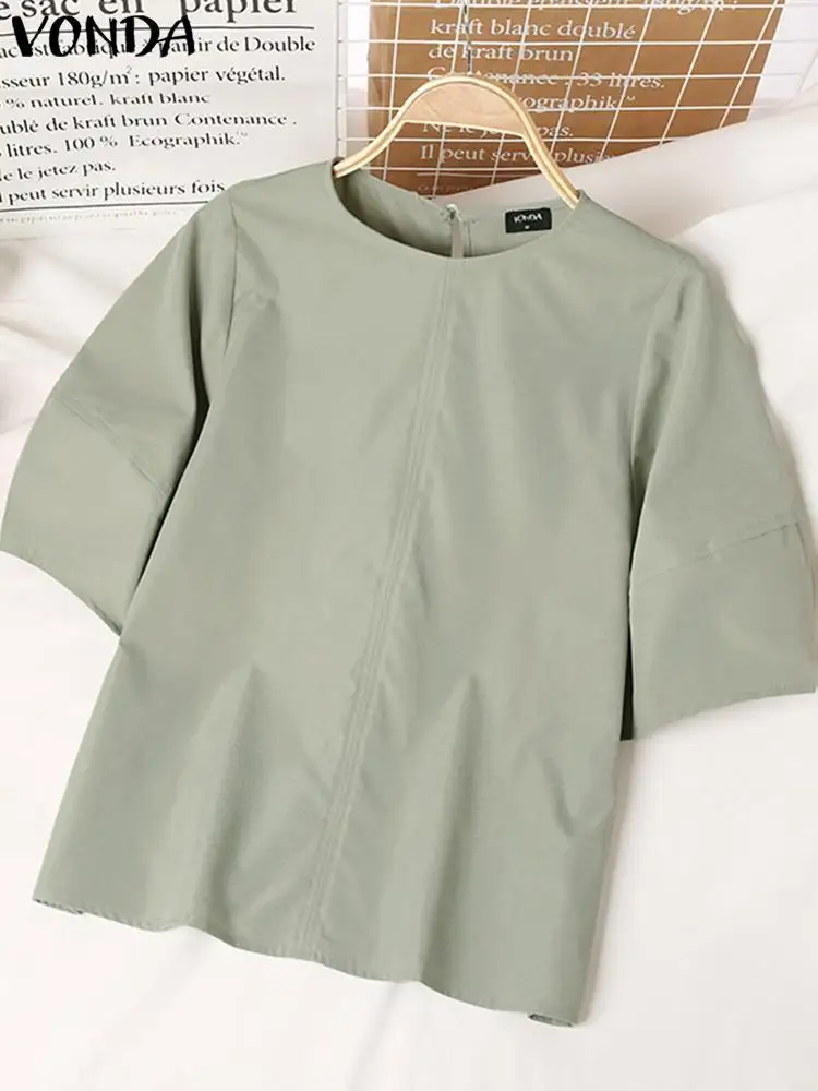 VONDA Elegant Blouse 2024 Women Casual Women O Neck Solid Tops Tunic Pleated Short Puff Sleeve Loose Party Blusas Femininas