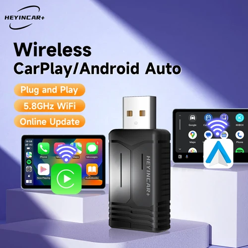 Imagen 1 del producto 2025 HEYINCAR 2 en 1 adaptador inalámbrico Android Auto inalámbrico CarPaly Box 2,4G y 5,8 Ghz WiFi BT conexión automática para coches AA CP con cable