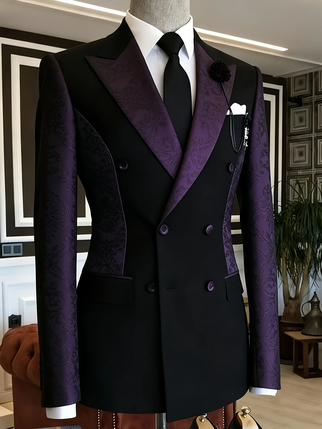 Men Black Double Breasted Blazer Purple Floral Jacquard Lapel & Sleeve Contrast Slim Fit Wedding Groom Stage Formal Tuxedo Jacke
