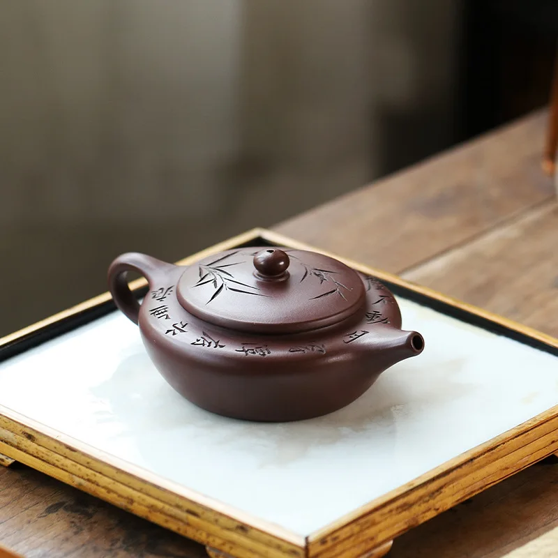 Wholesale Yixing Original Ore Aged Purple Clay Fully Handmade Bamboo Shadow Flat Morning Teapot Kung Fu Tea Set