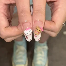 Cute HelloKitty Fake Press on Nails Leopard Print Bows Design Almond Handmade False Nail Sweet Girl Acrylic French Nail Tips