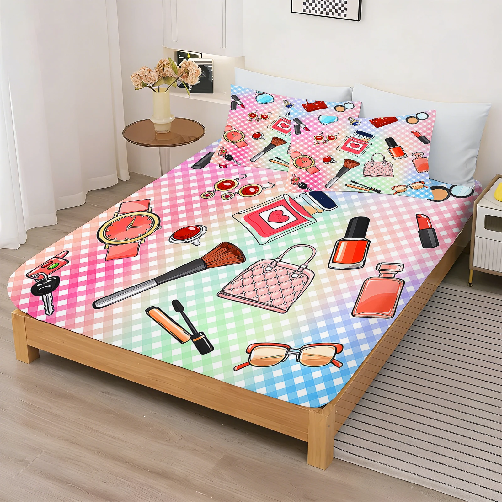 Rainbow Makeup Cloud Moon Moose Bear Print Fitted Sheet Colorful Cosmetic Fashion Bedding Set Girls Bedroom
