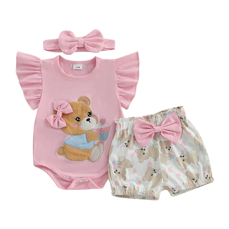 طقم شورت للفتيات الصغيرات بأكمام قصيرة على شكل دب/بقرة، شورت بخصر مطاطي مع ربطة شعر ملابس صيفية