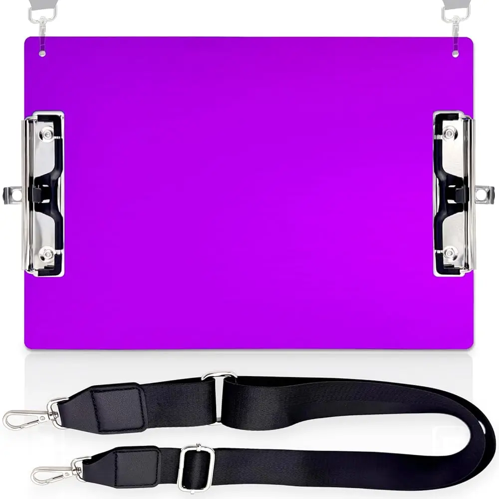 

Aluminum Metal Clipboard with Detachable Adjustable Shoulder Strap A4 Double Clip Board Stainless Hangable w/Pen Holder Lette