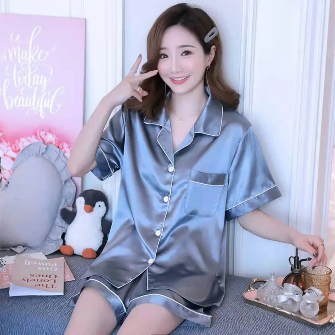 

Pajamas Women Summer Smooth Ice Silk Fabric Large Size Homewear Short Sleeve Set Loungewear Women Pyjamas Women