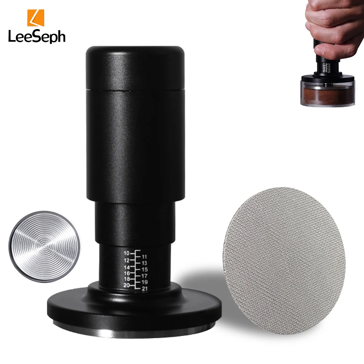 Leeseph 2 In 1 Espresso Tamper and Stainless Steel Espresso Puck Screen Set, Tamper with Spiral Base, Barista Espresso Accessory