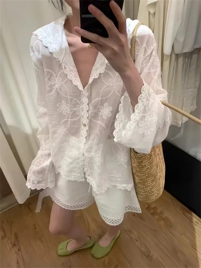 

Korean Hooded Lace Embroidery Sun Protection Shirt Women Summer Thin Loose Top Casual Sun Protection Cardigan Blouse