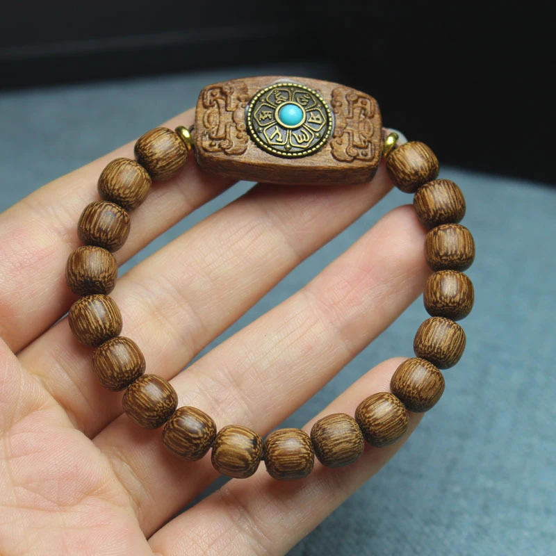 Agarwood six-character mantra 8mm vintage-style bead bracelet, sandalwood scent prayer beads for men and women