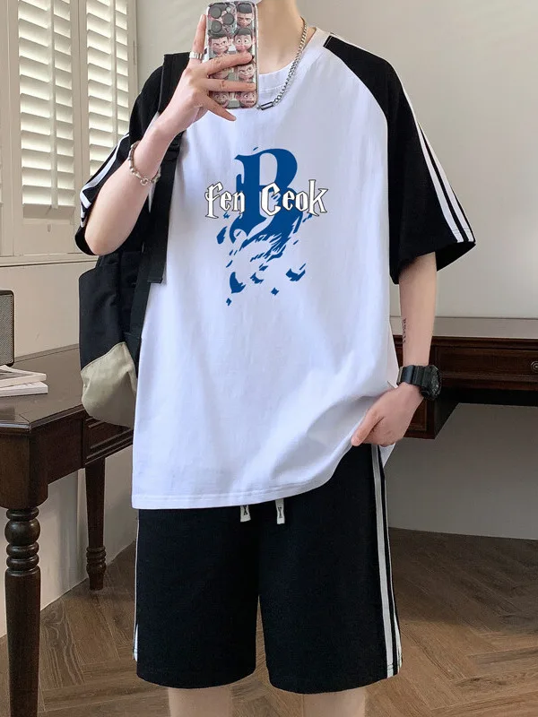 

Комплект из чистого хлопка: футболка с коротким рукавом и шорты для мужчин, летний, свободный крой, для подростков, спортивный, повседневный, удобный, дышащий