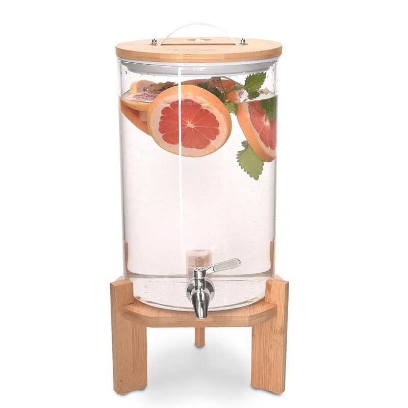 Glass Drink Juice Dispenser Water Beer Cold Drink Beverage Dispensers With Wooden Stand Lid Tap