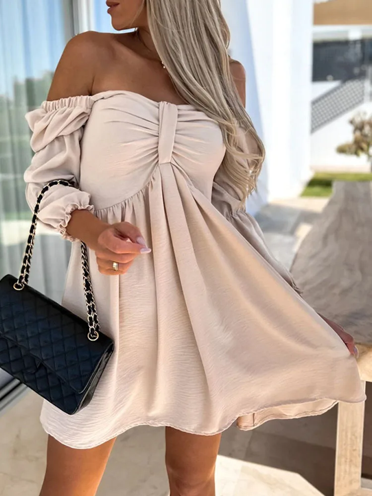 

Women Elegant Lantern Half Sleeve Strapless Dress Sexy Off Shoulder Bow Pleat A-Line Dress Summer Casual Solid Beach Dress