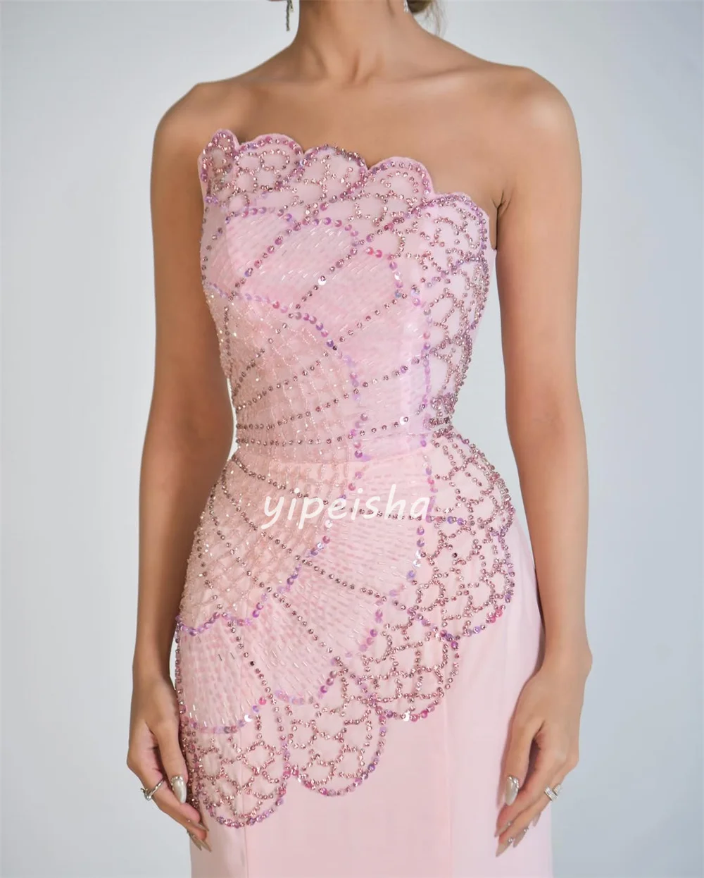 Customized Intricate Fashion Chiffon Rhinestone Beading Straight Strapless Long Dresses Bespoke Occasion Dresses Formal Classic