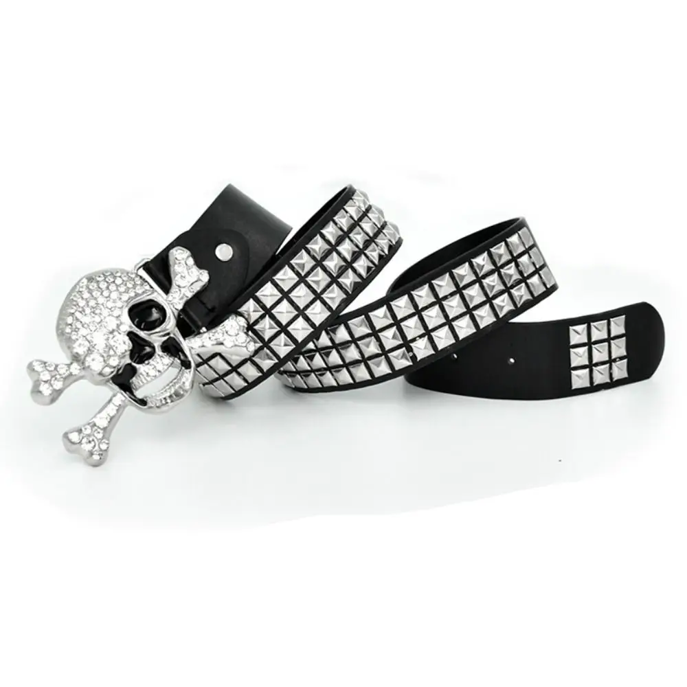 Fashion Rhinestone Skull Wide Waistband Adjustable Y2K Black Rivet Belt PU Leather Alloy Skeleton Belt Party
