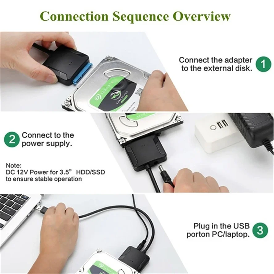 USB 3.0 SATA 케이블 SATA III 하드 드라이브 어댑터 변환기, 2.5 인치, 3.5 인치 SSD HDD 하드 드라이브 디스크용, 12V, 2A 전원 어댑터 포함