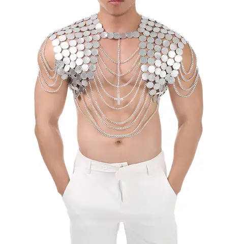 Party Nightclub Men's Sexy Shiny Crop Top with Faux Leather Vest Metal Chain Design Chest Strap and Shoulder Strap Tops