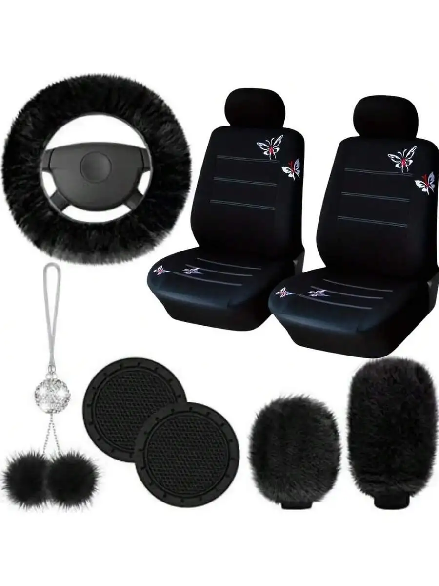 

15pcs Black Butterfly Car Seat Covers Steering Wheel Cover Plush Accessories Set For Women