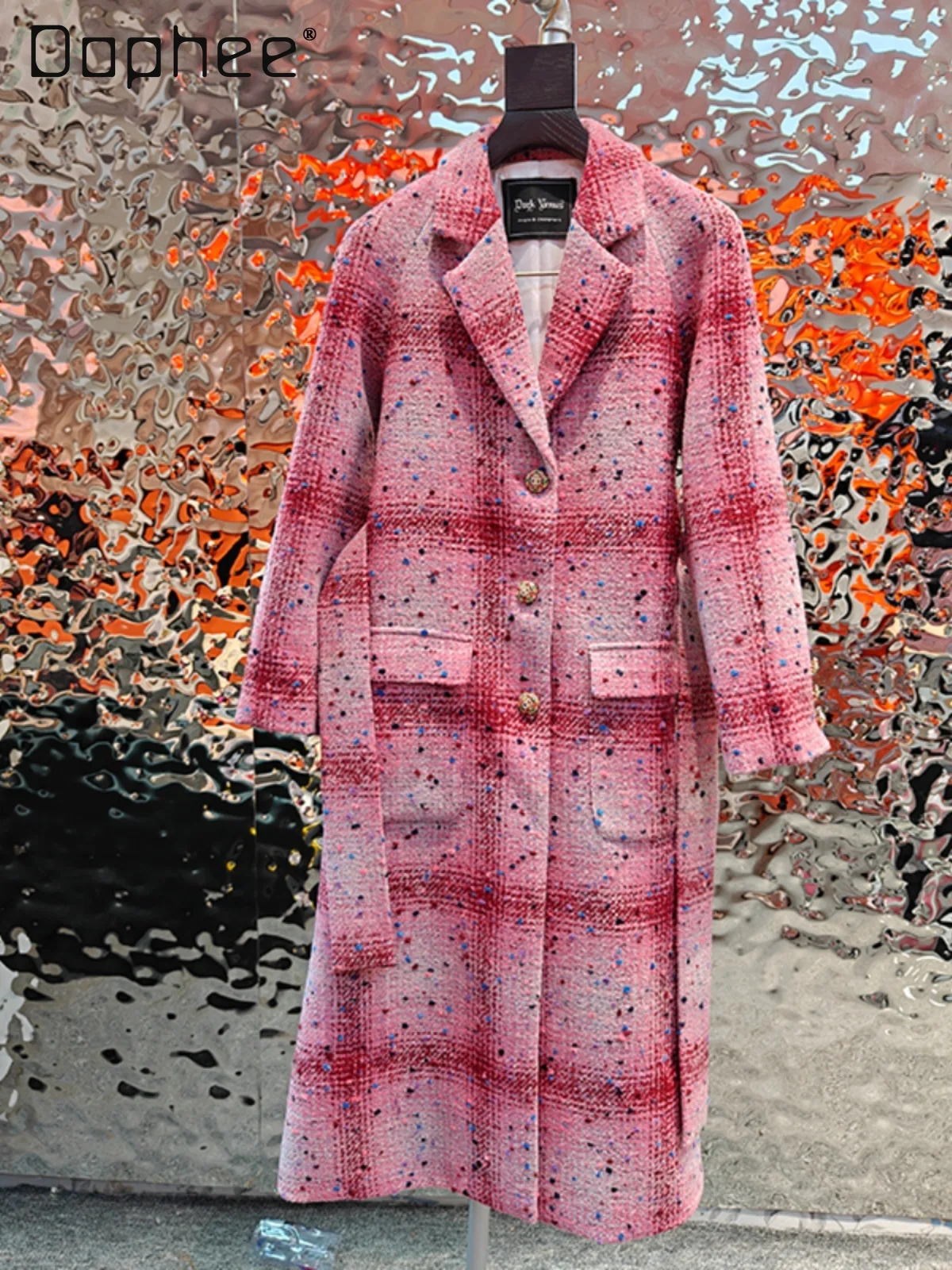 

French Pink Plaid Woollen Coat for Women Elegant Color Dots Lapel with Belt Pockets Long Jakcet Ladies Overcoat Female Trend