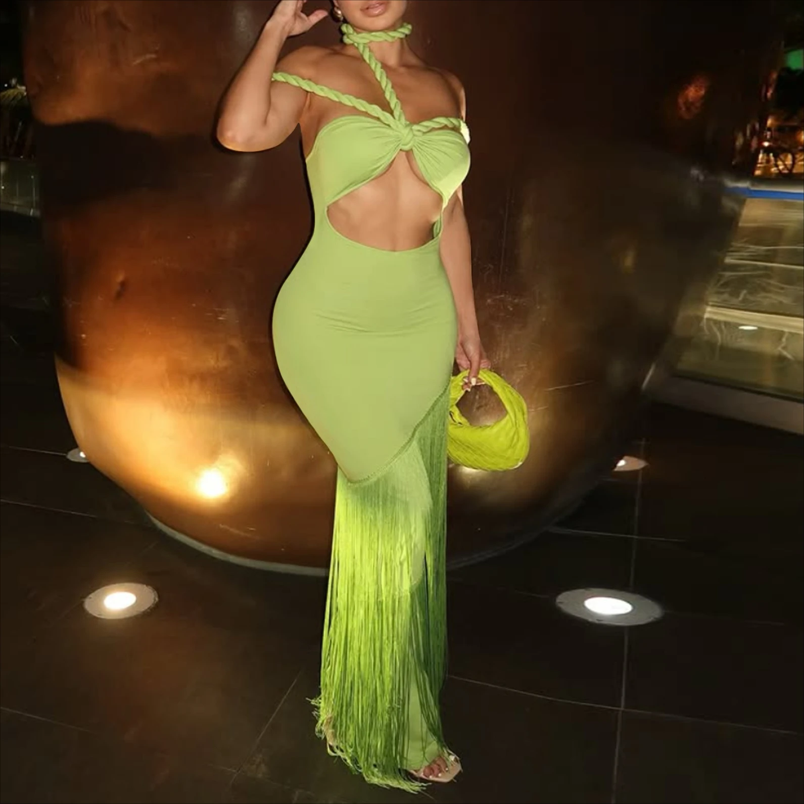 

Floor Length Dress Women Dresses Strapless Sleeveless Tassels Sexy Party Night Vestidos Streetwear Y2k Elegant Splice High Waist