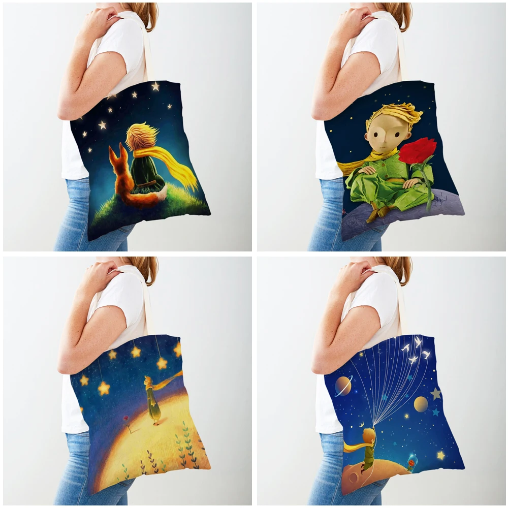 Little Prince Women Shopping Bags Double Print Fashion Classic Cartoon Anime Shopper Bag Canvas Travel Tote for Children Girl