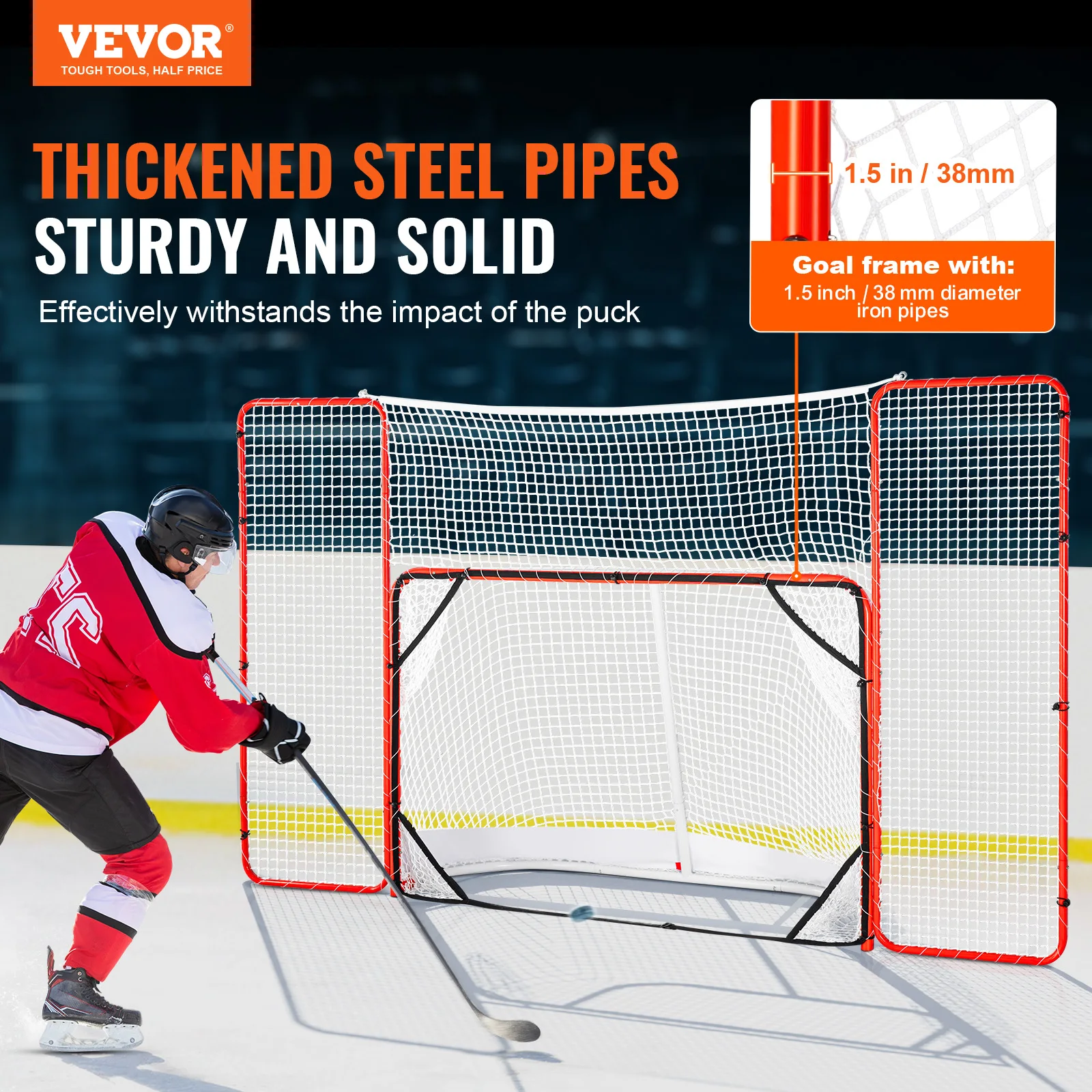 VEVOR Portería de hockey con alvos de respaldo Red de hockey de acero para la calle Portería de hockey portátil para interiores y exteriores de 72 "pro con red blanco rojo