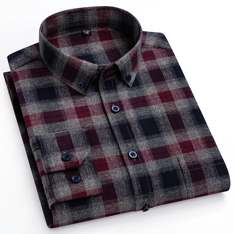 Size 7XL 6XL Pure Cotton Men\'s Plaid Shirts Long Sleeve Regular Fit Soft Comfortable Casual Flannel Shirt Blouse Male Clothing