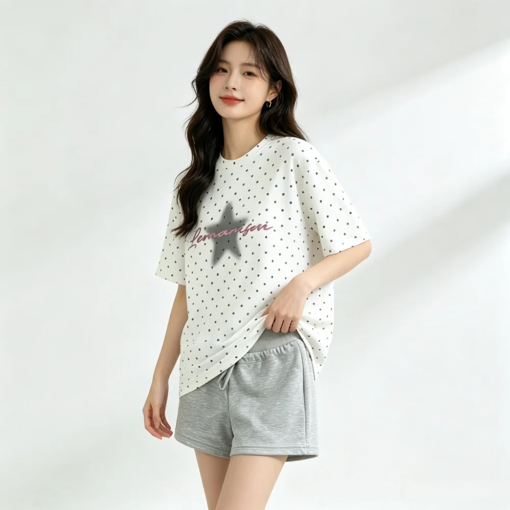 Korean Style Women Two‑Piece Outfit Vintage Polka‑Dot Letter Print Loose T‑shirt Gray Casual Shorts Summer Daily Matching Sets`
