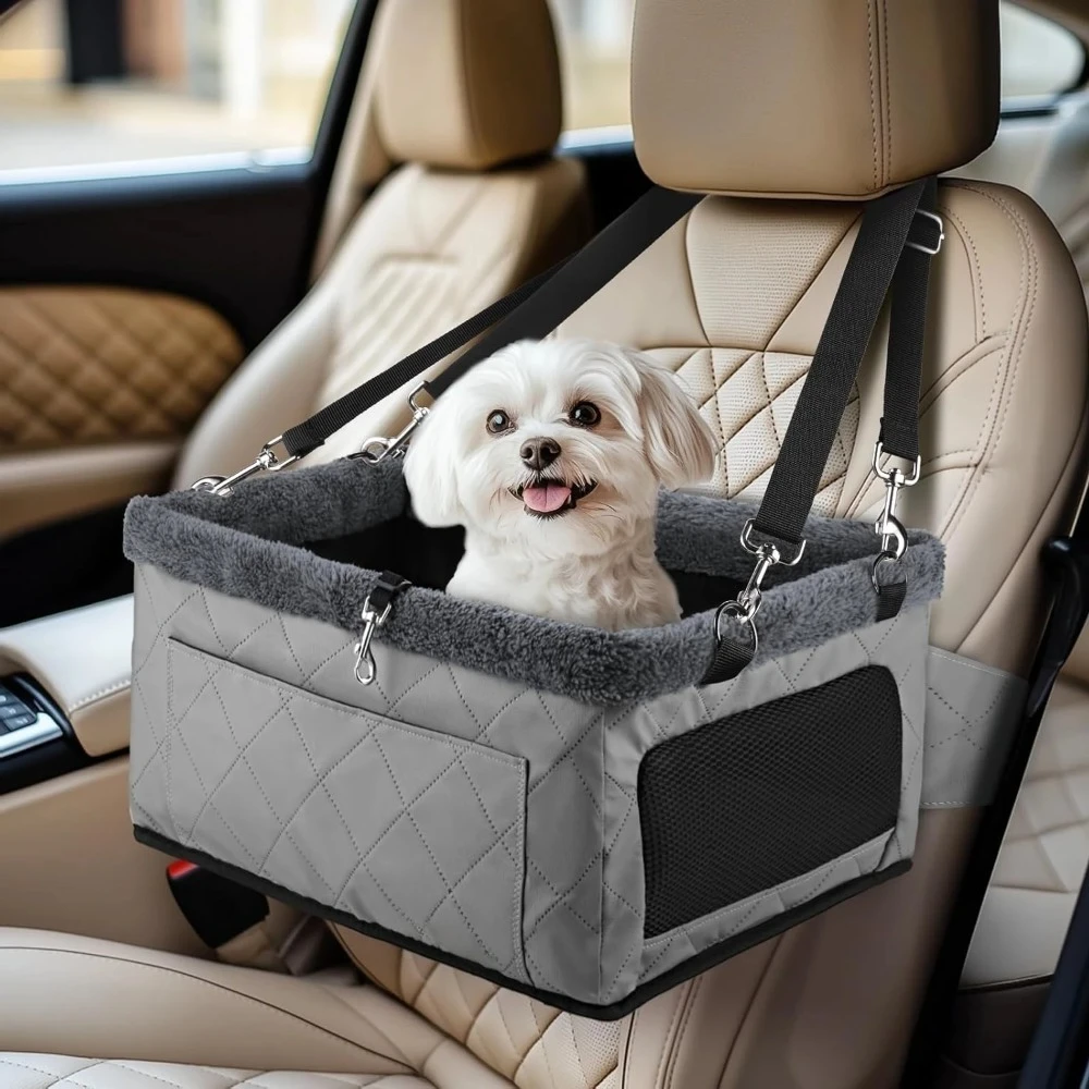 

Small Dog & Cat Booster Car Seat, Metal Frame Leather Pet Car Seat with Safety Belt, Detachable Washable Puppy Backseat Travel C