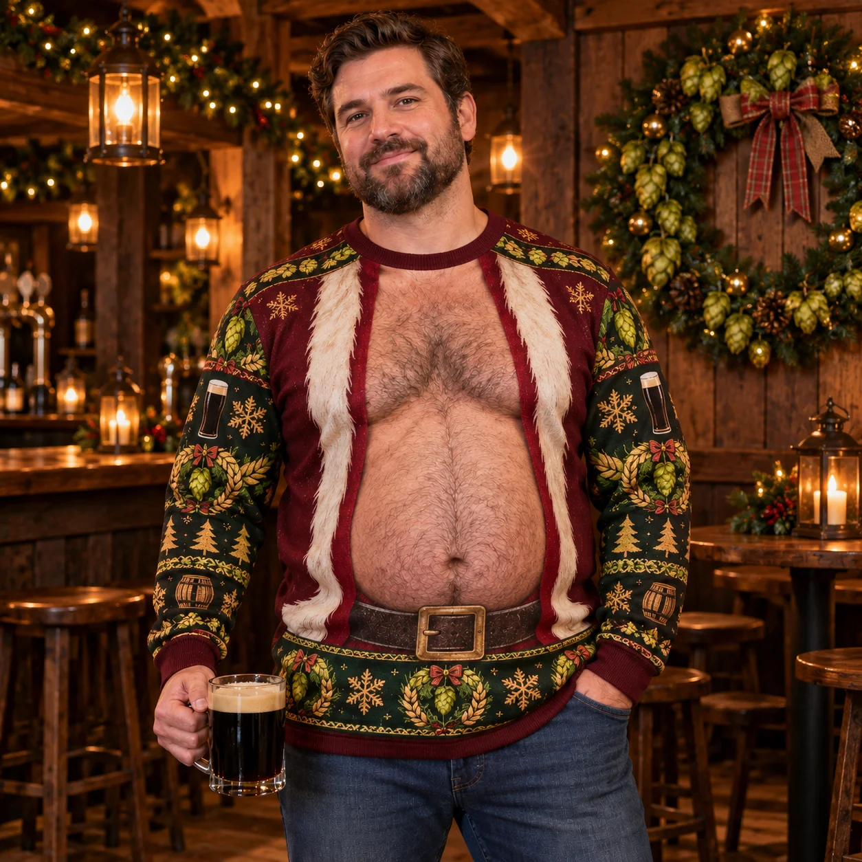 Dunkler Bier-Weihnachtsmann-Bauch, hässlicher Weihnachtspullover für Herren, 3D-Druck, Polyester, Rundhals-Sweatshirt, lustiger Weihnachtspullover für Partys – Detail 8