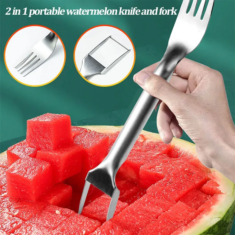 2 In 1 Portable Watermelon Fork Slicer Multi-purpose Watermelon Slicer Cutter Knife Stainless Steel Kitchen Fruit Cutting Fork