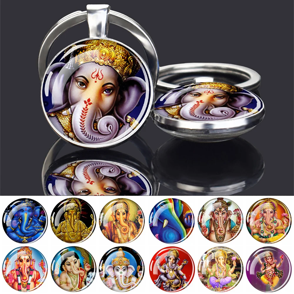 Ganesha Keychains Hinduism Double Sided Glass Cabochon Key Chains Indian Buddhism Keychain Women Men Religion Jewelry Gift