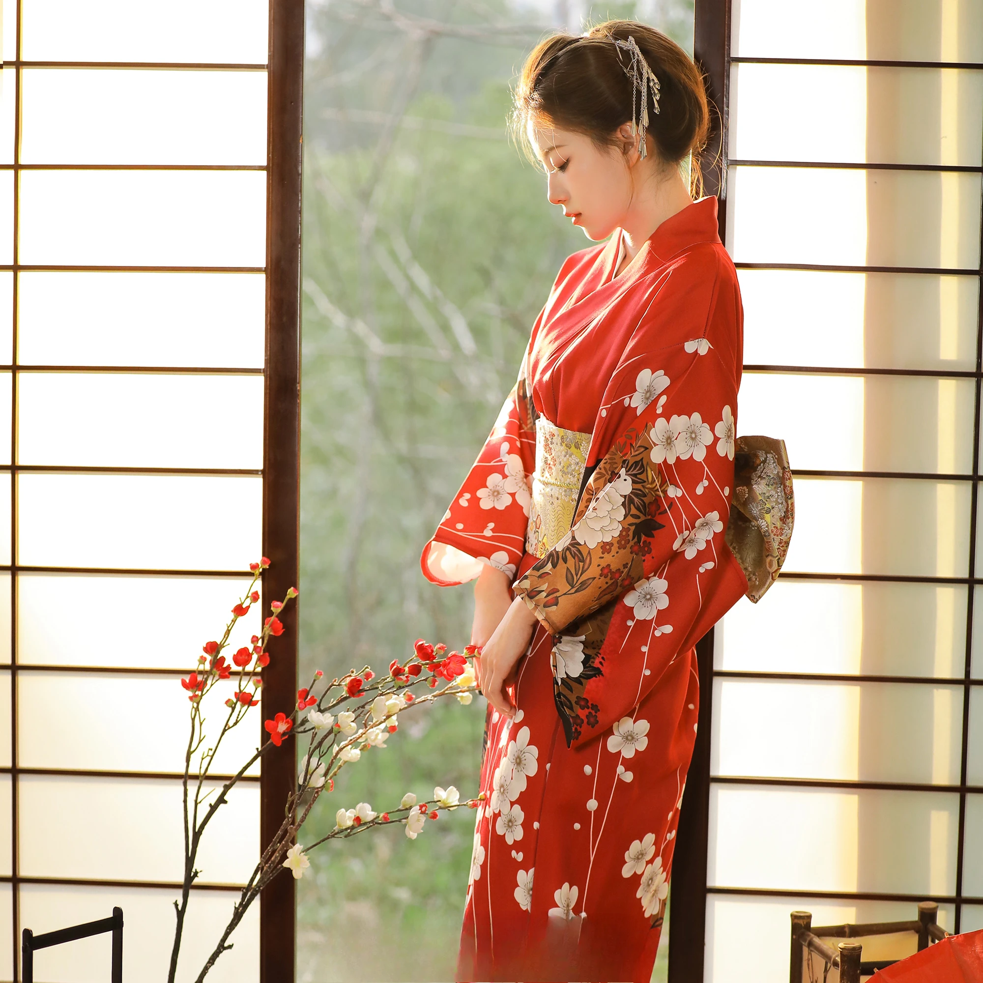 Red Kimono Women Japanese Traditional Yukata Haori Kimonos Cosplay Gown Female Summer Fashion Photography Clothes Formal Dress