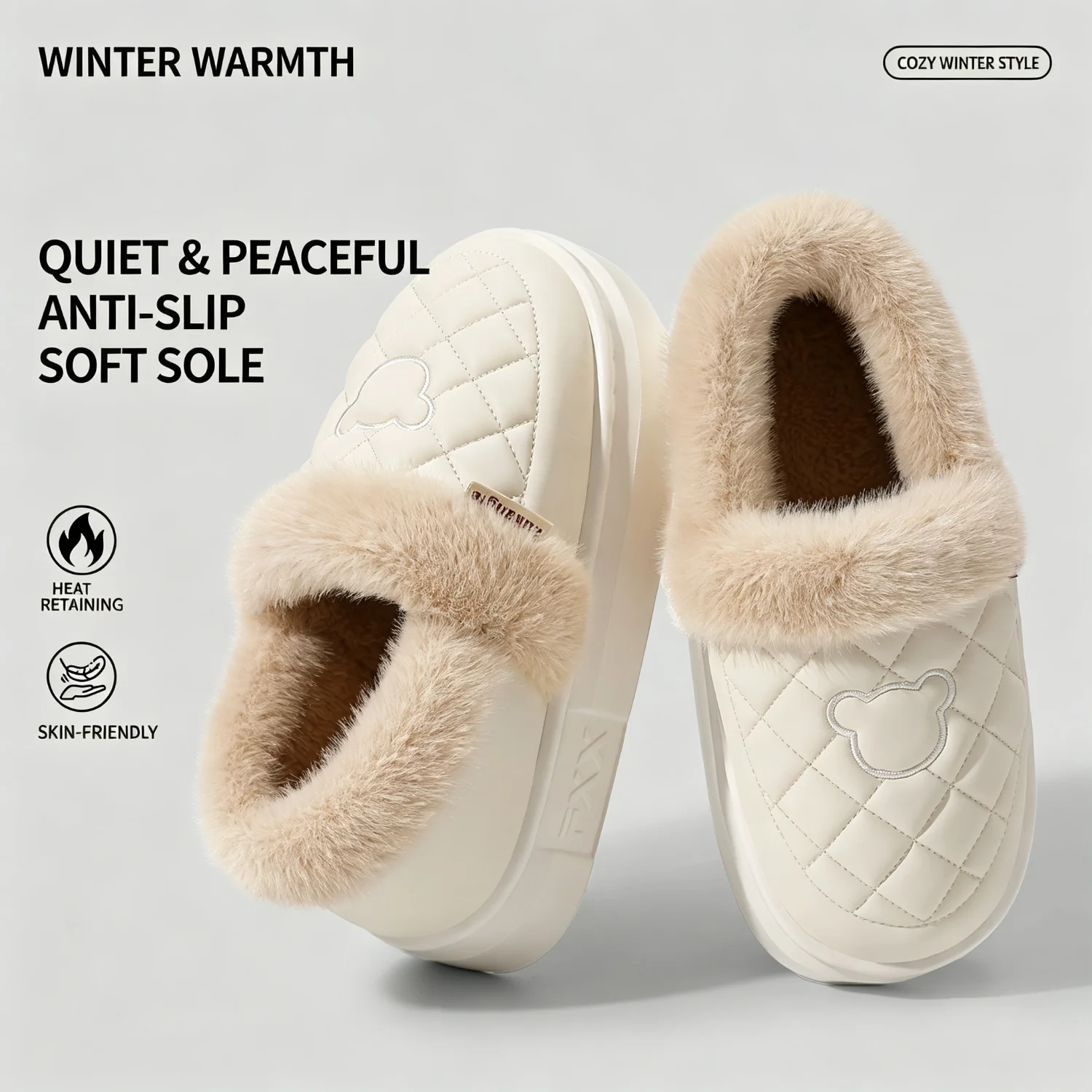 Winter-Wasserdichte Hausschuhe für Damen und Herren, mit dicker Sohle, warmem Plüschfutter, Bärenstickerei, rutschfest, weich, elastisch, für den Innenbereich. – Detail 6