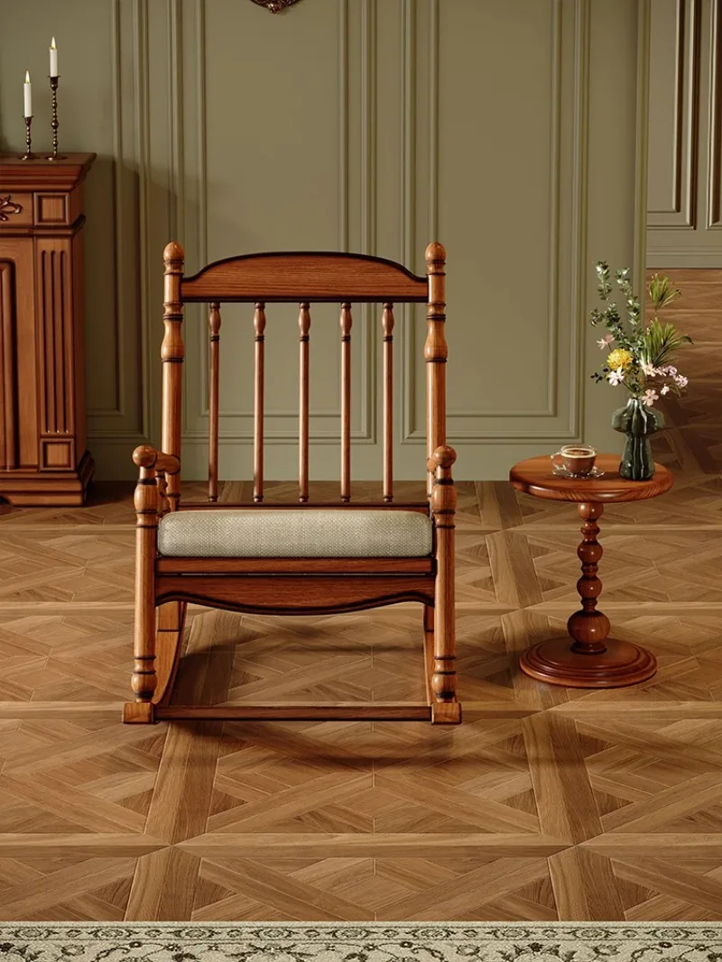 

American retro solid wood rocking chair recliner single sofa 2024 new adult balcony casual lazy chair pedal