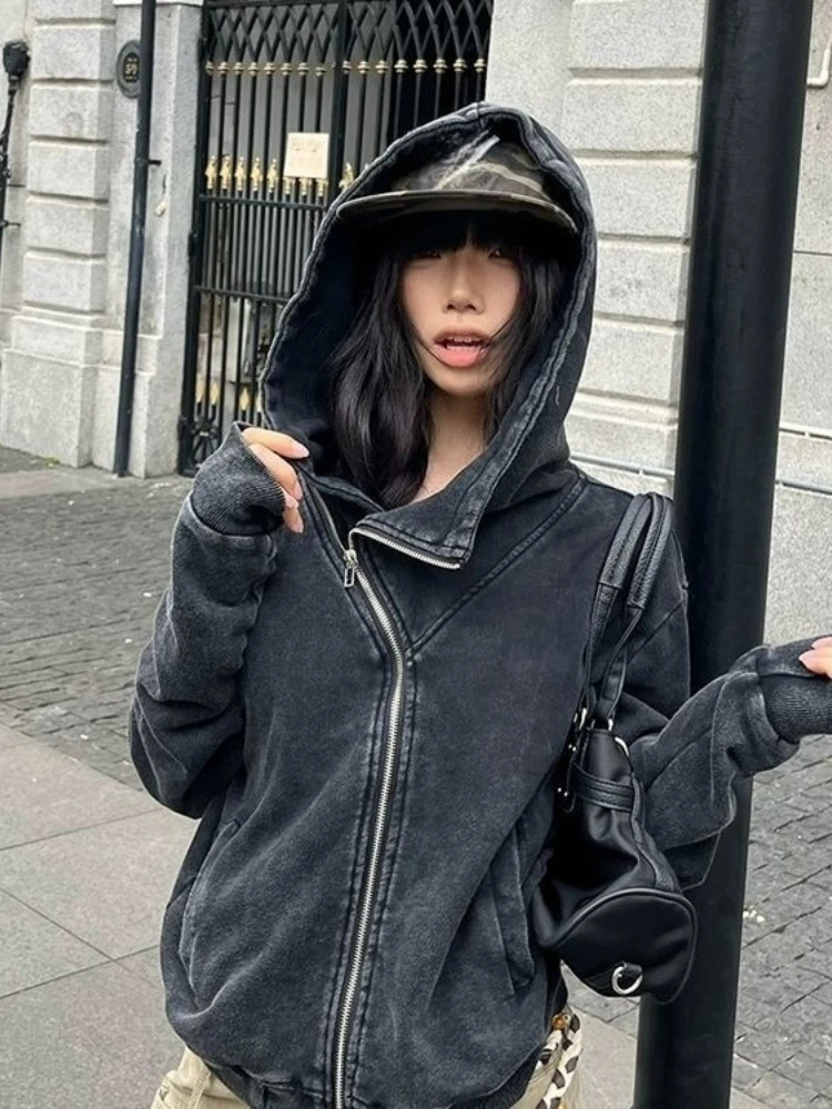 Cappotto da donna estetico vintage Y2k con cerniera Tasche in puro colore Felpa con cappuccio High Street Chic Asimmetrico Capispalla femminile Autunno Inverno