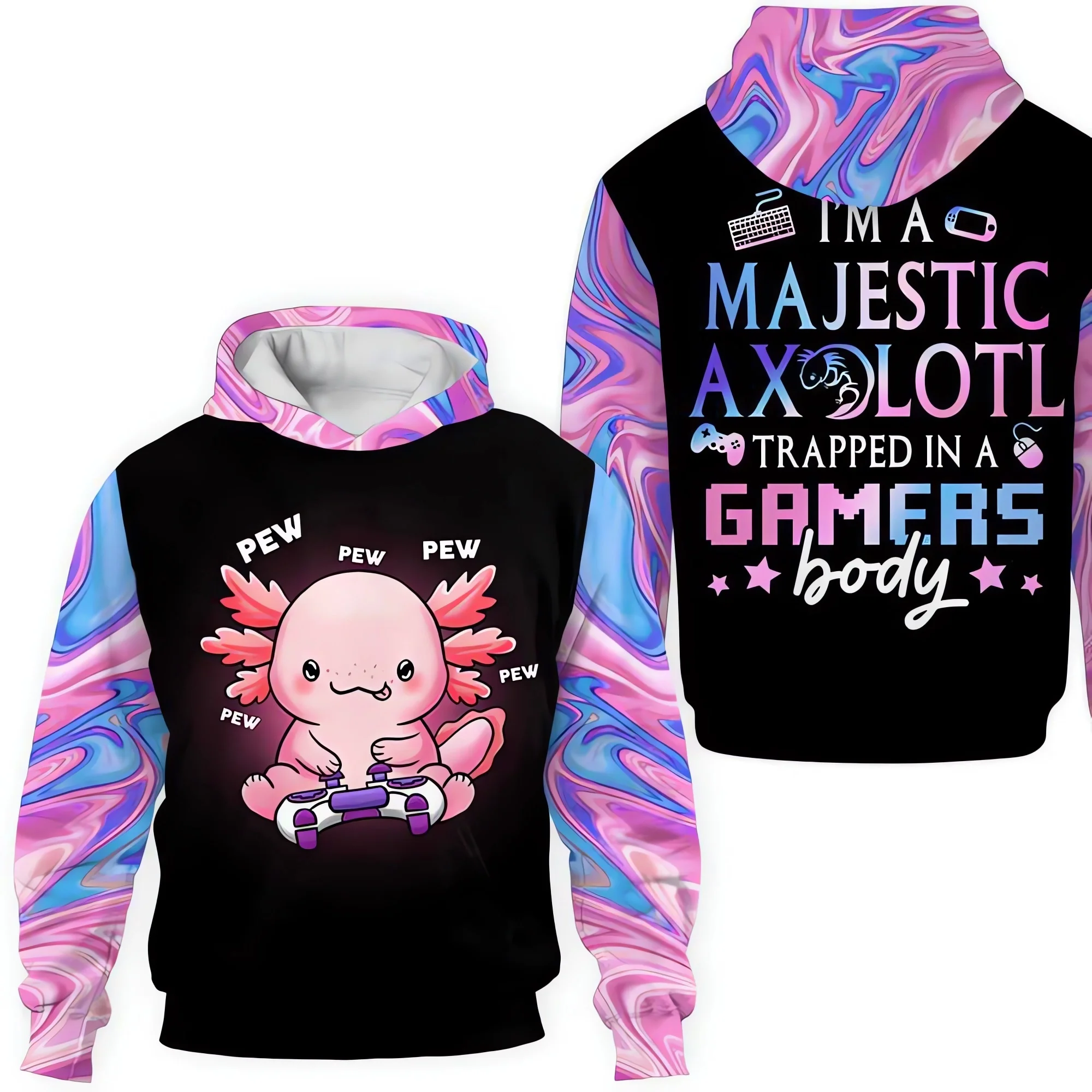 

Axolotl Gamer Hoodies Mens Pretty Colorful Gradient Splicing 3D Printed Hoodies Coats Casual Sportwear Men Clothing Dropshipping