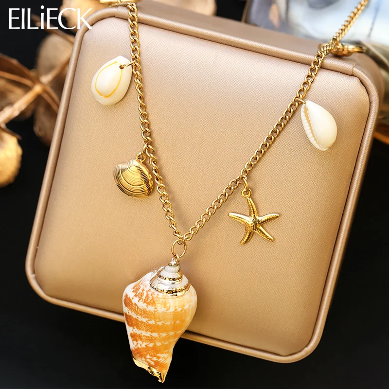 

EILIECK 316L Stainless Steel Ocean Style Large Conch Pendant Necklace Trendy Handmade Neck Chain Waterproof Jewelry for Women