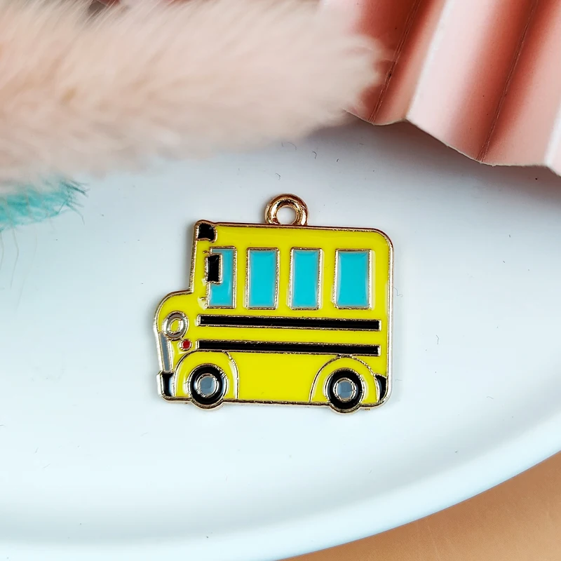 10pcs Cartoon Car Enamel Metal Charms School Bus taxi Pendants For Jewelry Making Cute Earring Dangle Wholesale