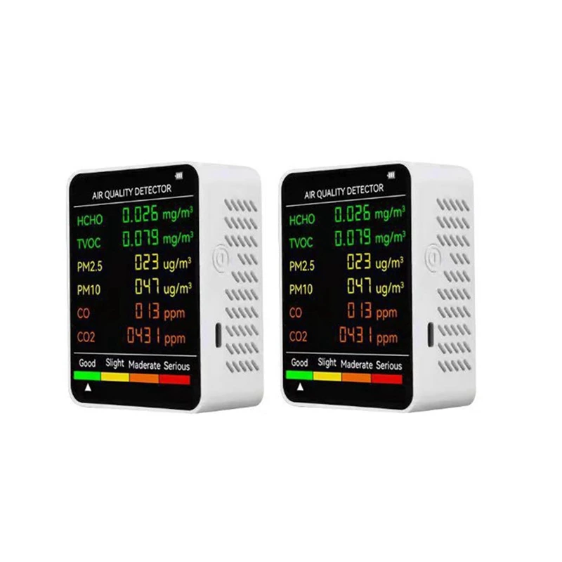 2PCS 6 In 1 PM2.5 PM10 HCHO TVOC CO CO2 Air Quality Detector CO CO2 Formaldehyde Monitor ,White