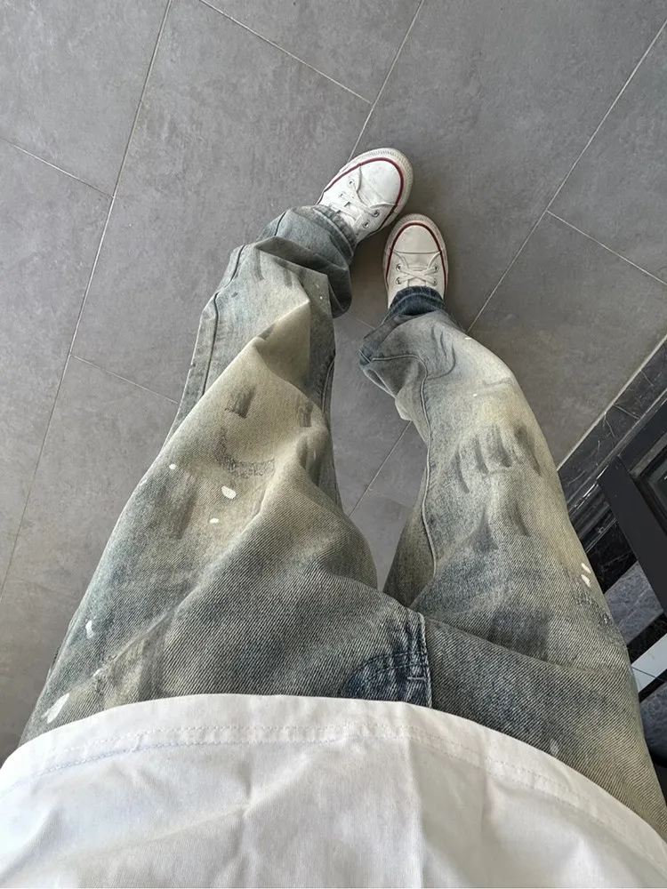 

Retro American Splatter Denim Jeans Men's Spring Autumn Trendy Loose Straight Leg Micro Flared Pants Clean Fit Water Wa