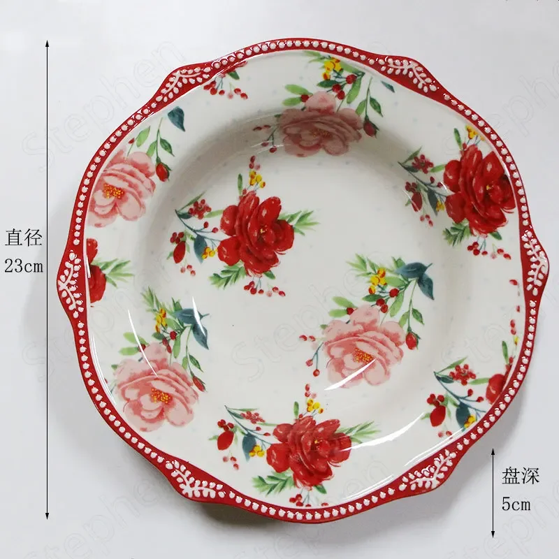 American Rose Flower Ceramic Plate Household Painted Deep Plate Irregular Flat Plates Western Cake Dessert Dishes Home Tableware