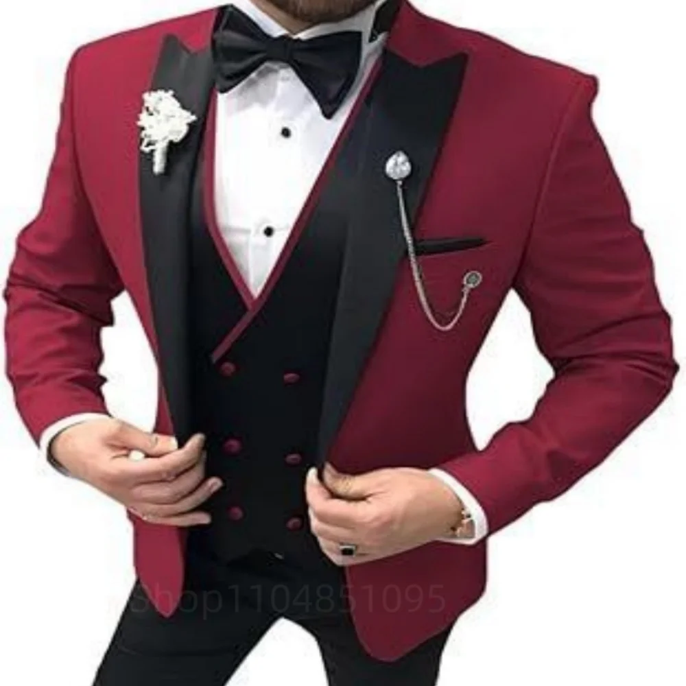 

Suits for Men Peak Lapel Jacket Double Breasted Vest Pants 3 Pieces Groom Tuxedos Male Fashion Busienss Suit Party Sets