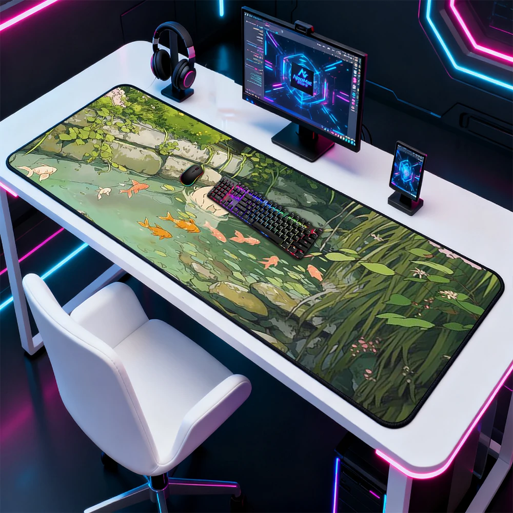 Cat Desk Mat XXL Table Mat 120x60 Koi Pond Keyboard Mat Gaming Cute Desk Accessories Pad Washable Rubber Ergonomic