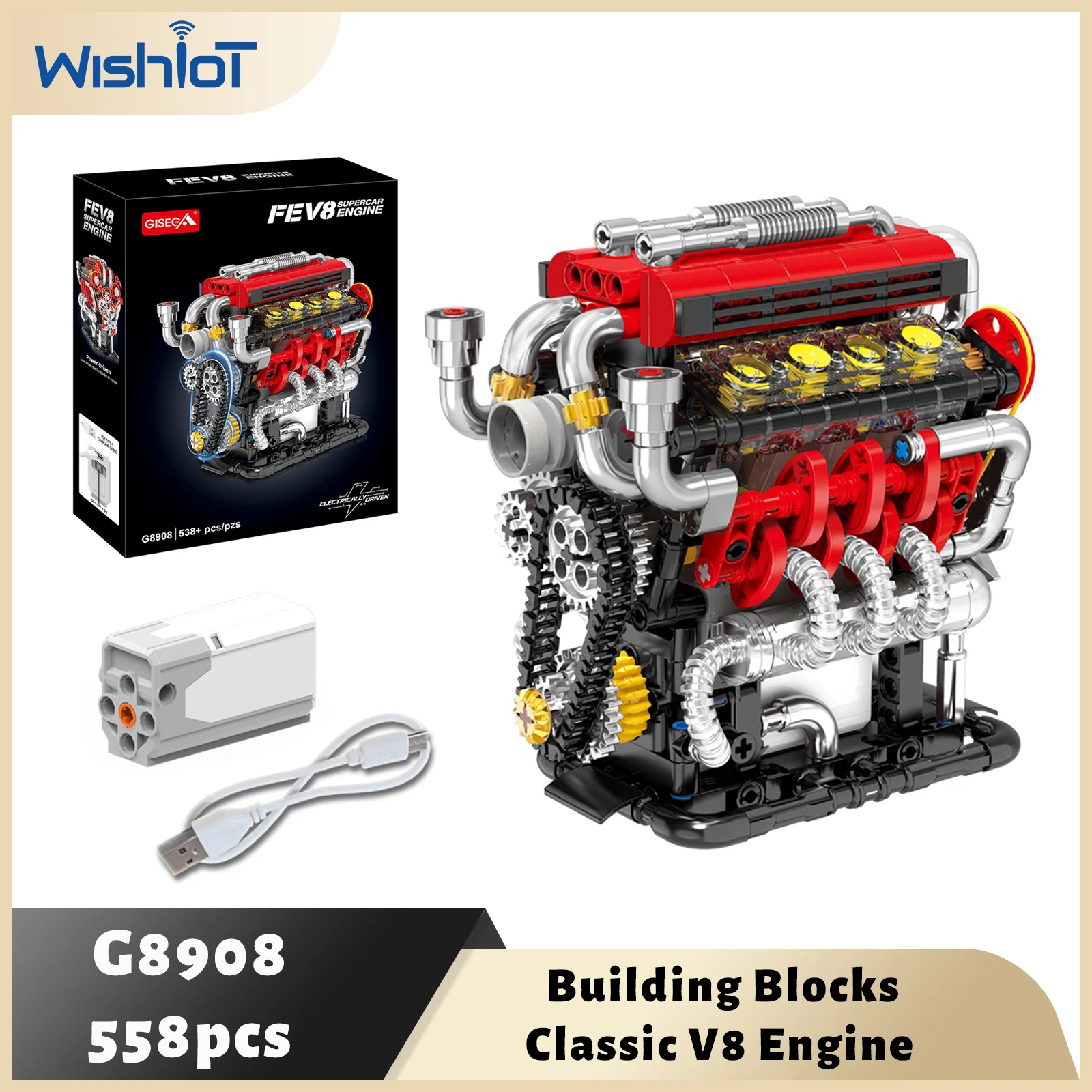 

558PCS Classic Supercar V8 Engine Building Blocks Simulation Model Electric Power Motor Driven Ornaments Assembly Toy Boys Gift