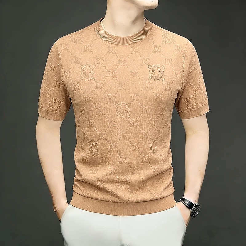 Jacquard Hotfit Rhinestone T Shirt For Men Short Sleeve Knitwear Summer Quality Viscose Blend Stretchy Camisetas De Hombre M-4XL