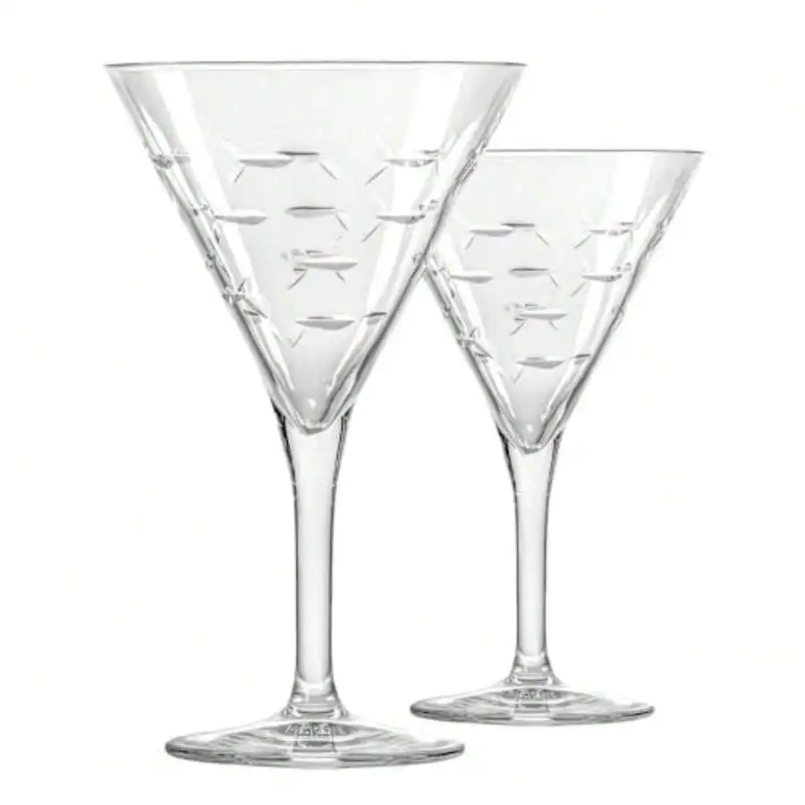 School Of Fish Martini Glass Stemmed 7.5 Oz. Martini Glasses Lead-Free Glass Diamond-Wheel Engraved Cocktail Glasses Made In The