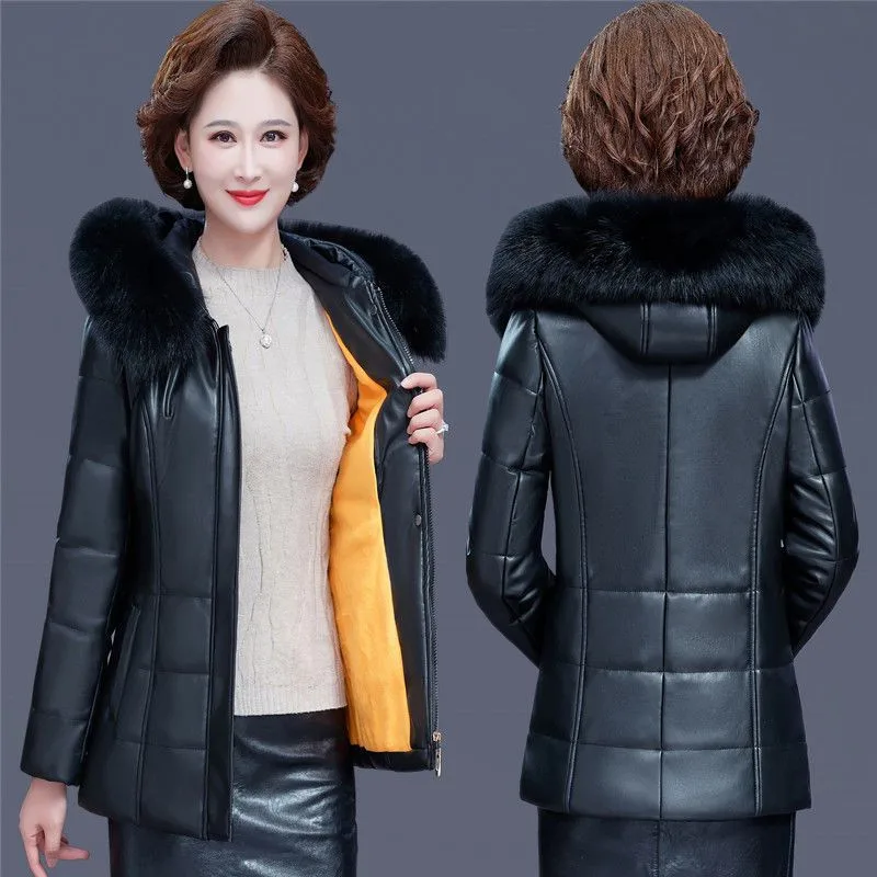 Mother Leather Jacket Women's Luxury Fur Collar Hooded Plush Thicken Warm Winter PU Leather Cotton Coat Female Short Jacket 2429