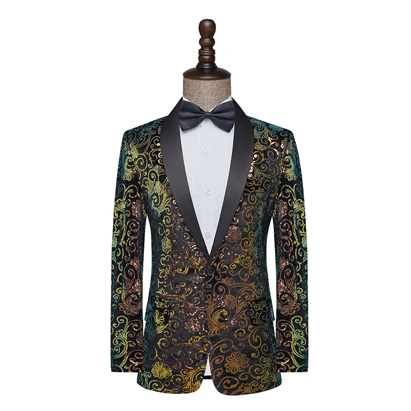 عالية الجودة الرجال المخملية الترتر الحلل شال طوق سليم صالح الذكور المغني المضيف مساء حفلة المرحلة الأزرق الأزهار دعوى سترة