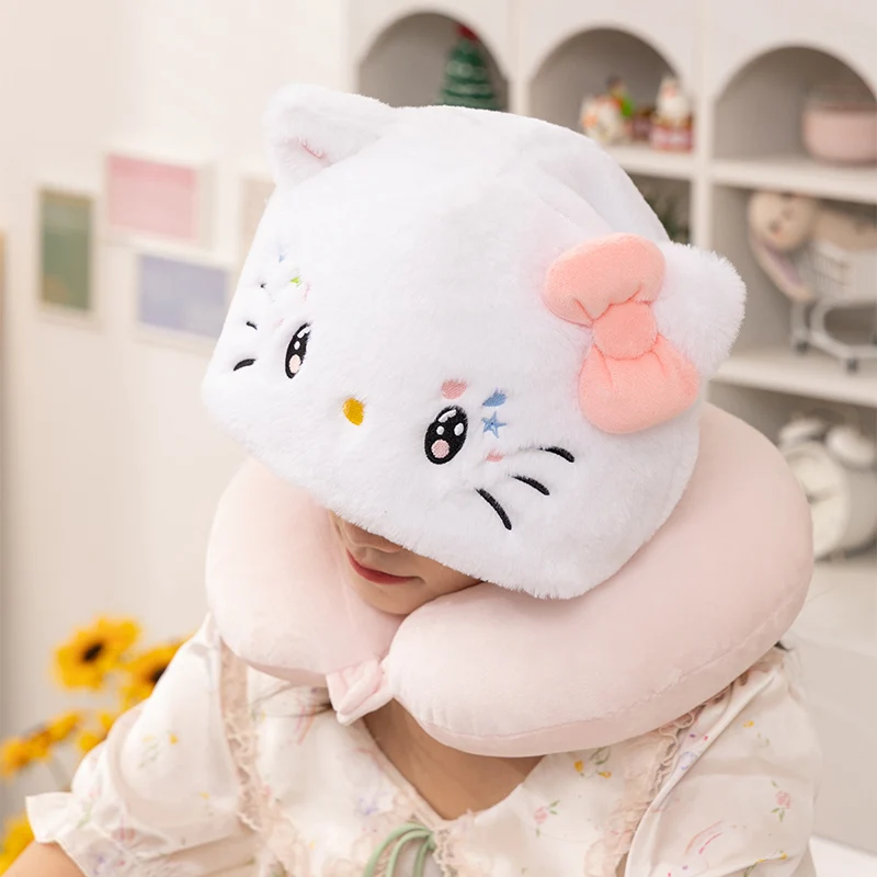 Poduszka w kształcie litery U z kreskówką, urocza pluszowa lalka kotek, miękka poduszka pod szyję na sofę, łóżko, poduszka podróżna do samochodu, samolotu, poduszka na lunch dla studenta.